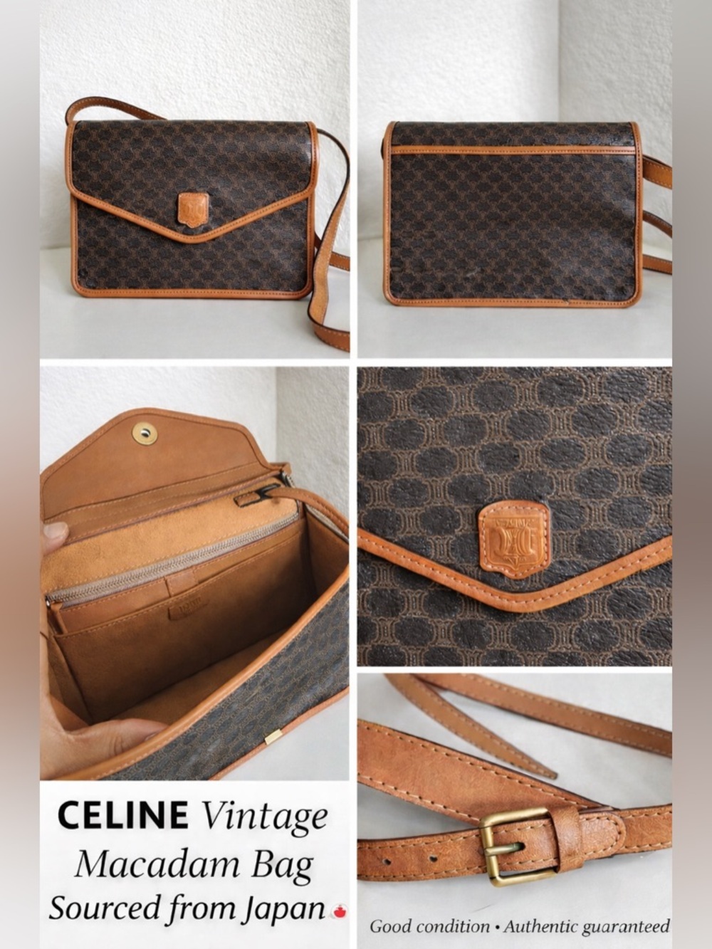 Celine Brown Macadam Canvas Messenger Bag with Tan Leather Trim